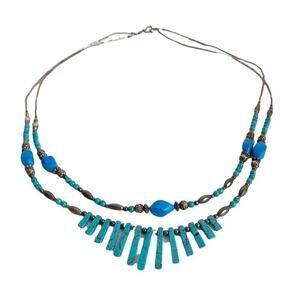 Vintage Multi-strand Turquoise Beaded Necklace Silver  Tone Boho Southwest 28”